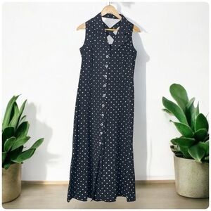 Vintage Cache Creek black and White Polka Dot Sleeveless Black Dress M